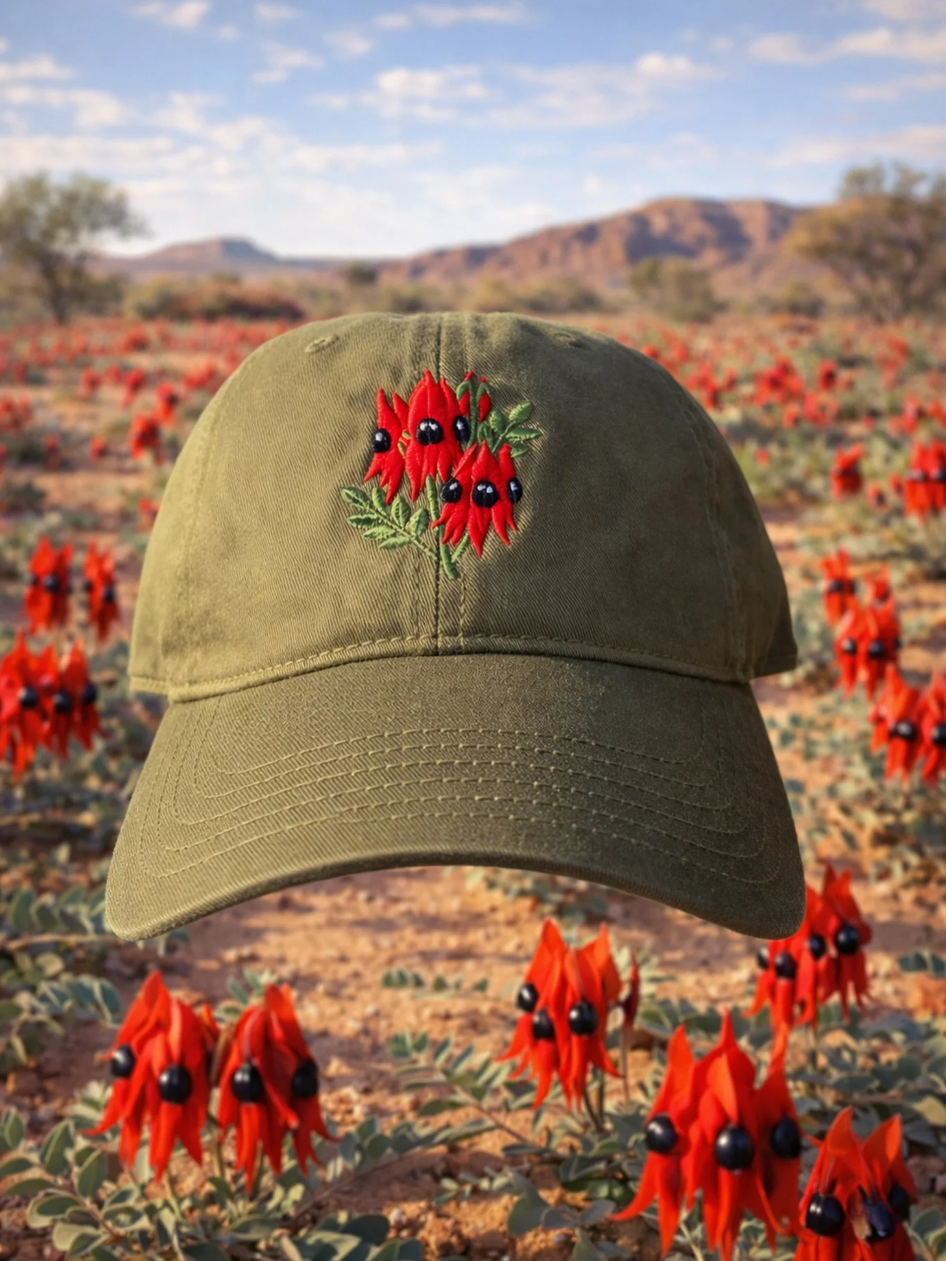 She grows where the earth is red and the sun is relentless. The Sturt Desert Pea - wild and unmistakably Australian.

Our newest Wild Shade cap is a tribute to resilience and beauty that thrives in the harshest landscapes. A bloom that reminds us: th