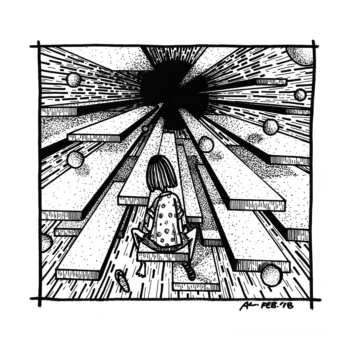 黑白手繪插畫，中央人物站立於放射狀構圖中，線條自中心向外延展，形成對稱的空間效果