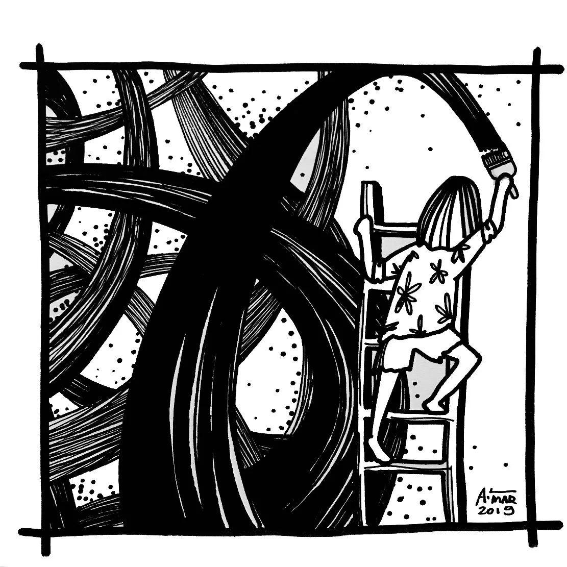 黑白手繪插畫，畫面中人物站立於抽象建築與彎曲線條構成的空間中，背景呈現層疊結構