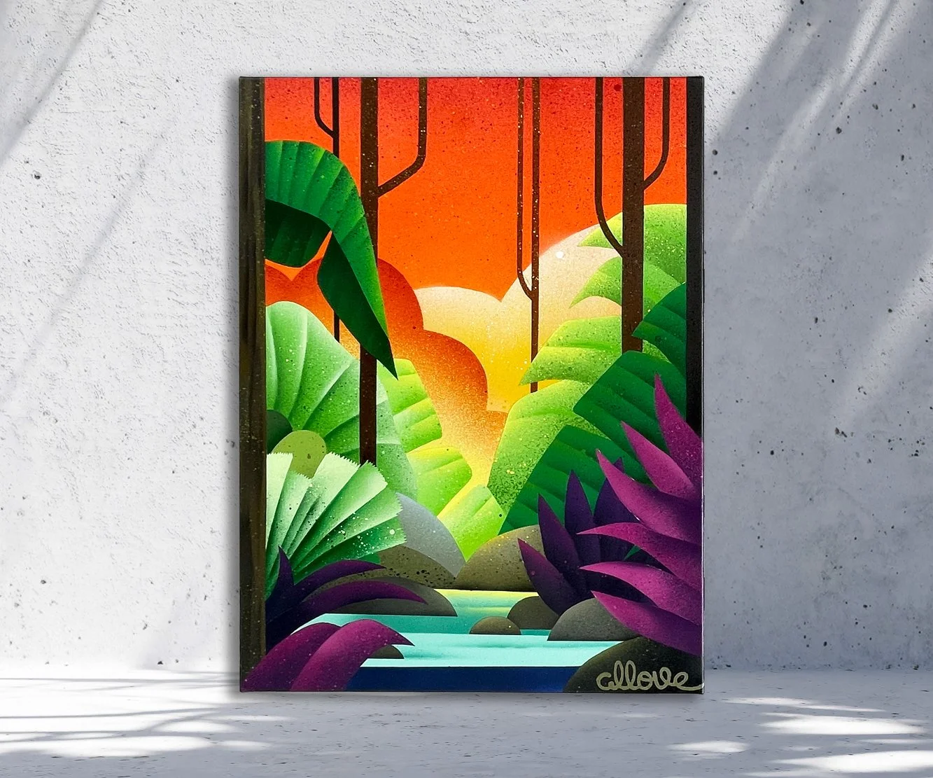 直向畫幅作品呈現，完整描繪植物、河道與天空組成的整體畫面