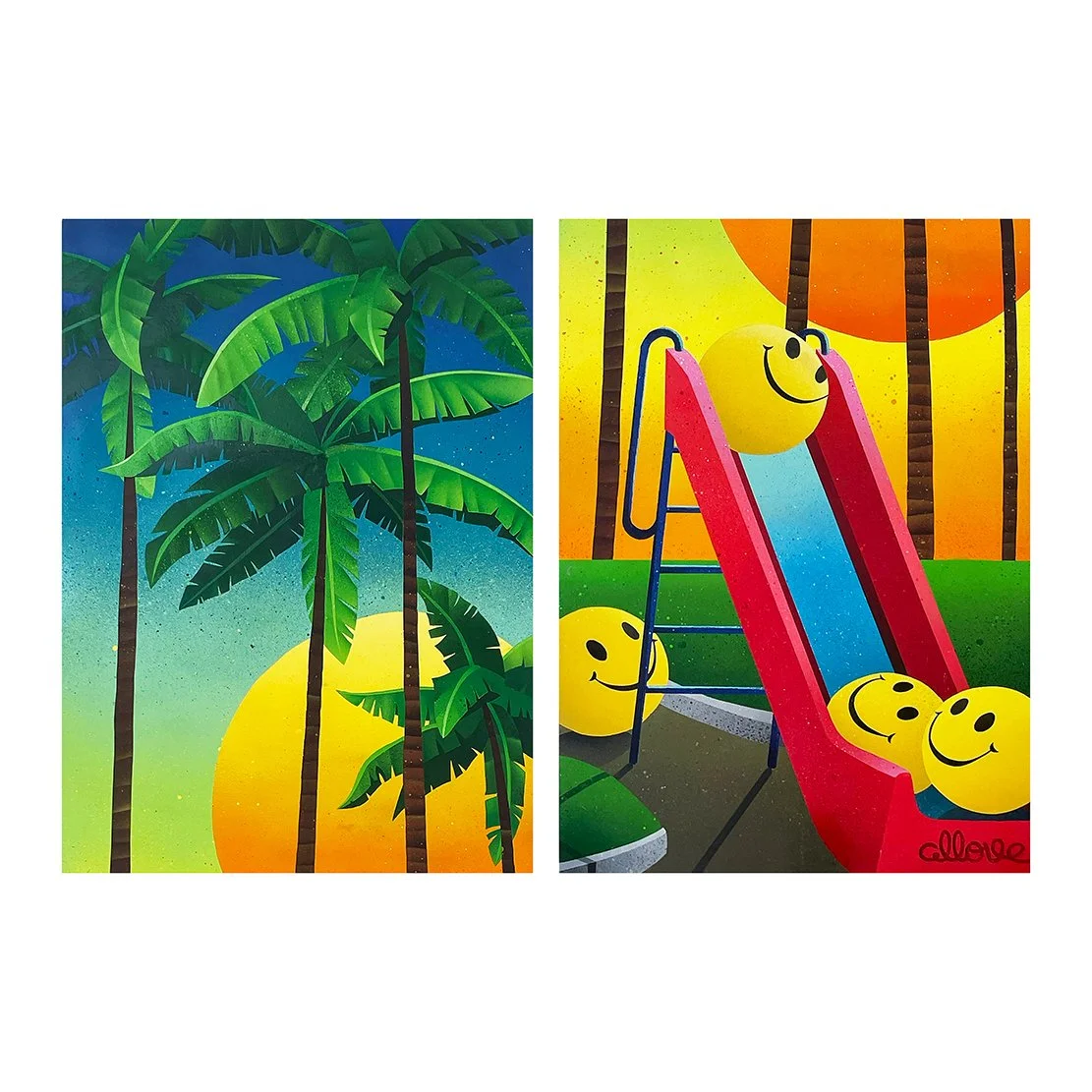 完整作品畫面，呈現棕櫚樹、笑臉元素與鮮明色彩構成的整體視覺