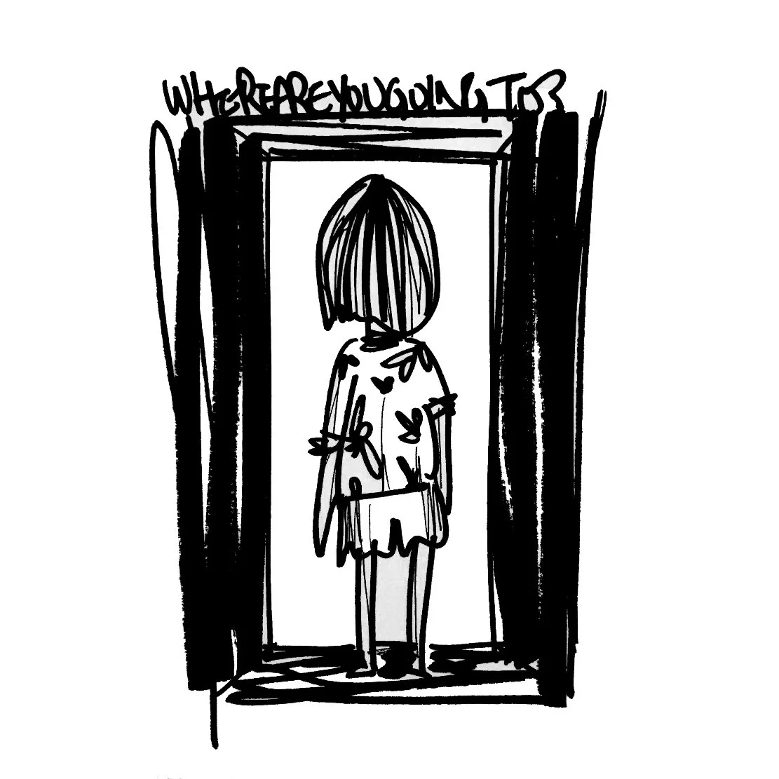 黑白手繪插畫，人物背對觀者站立於狹長空間中，四周以深色線條圍繞形成垂直構圖