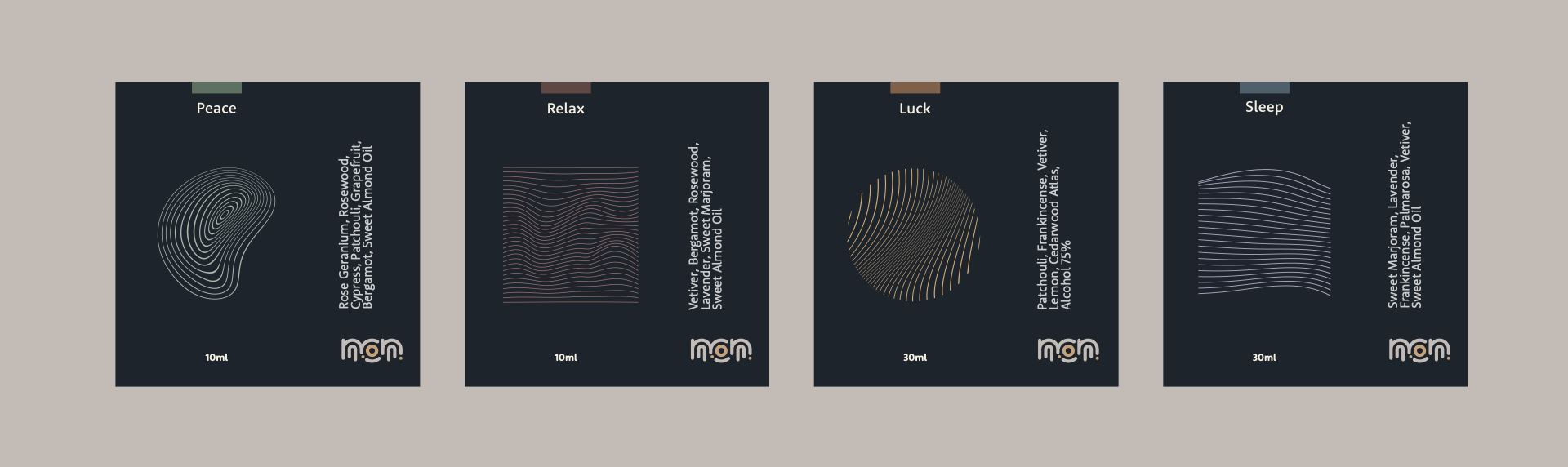 non 個人香氛包裝以線條圖形與深色基底呈現不同香氛識別