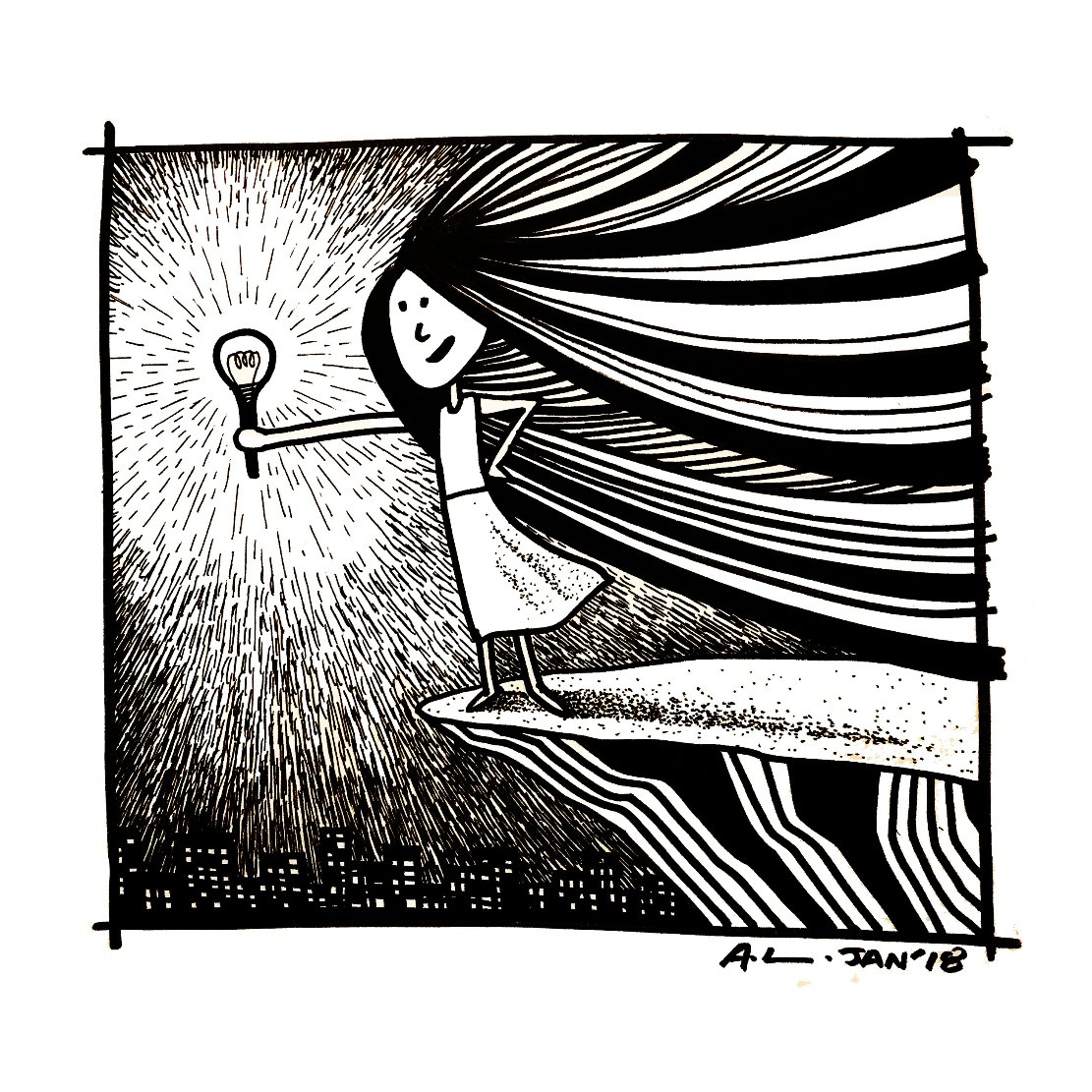 黑白手繪插畫，人物坐於畫面中央，頭髮與背景線條向一側延伸，整體以流動線條表現空間方向