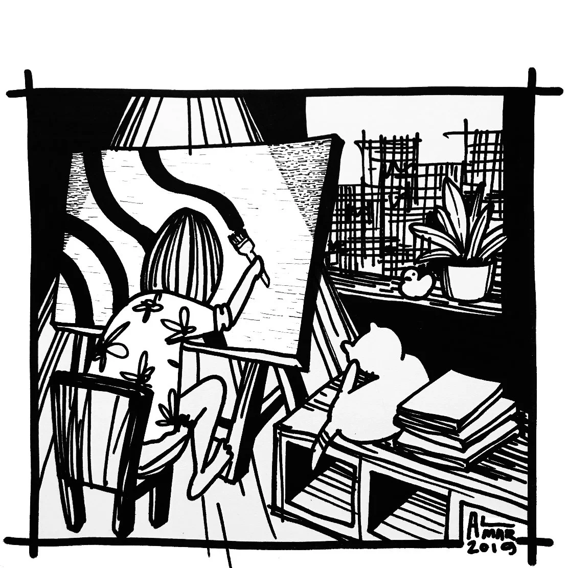 黑白手繪插畫，畫面呈現室內空間，人物與動物形象出現在桌面與物件之間，背景由層疊線條構成的室內場景