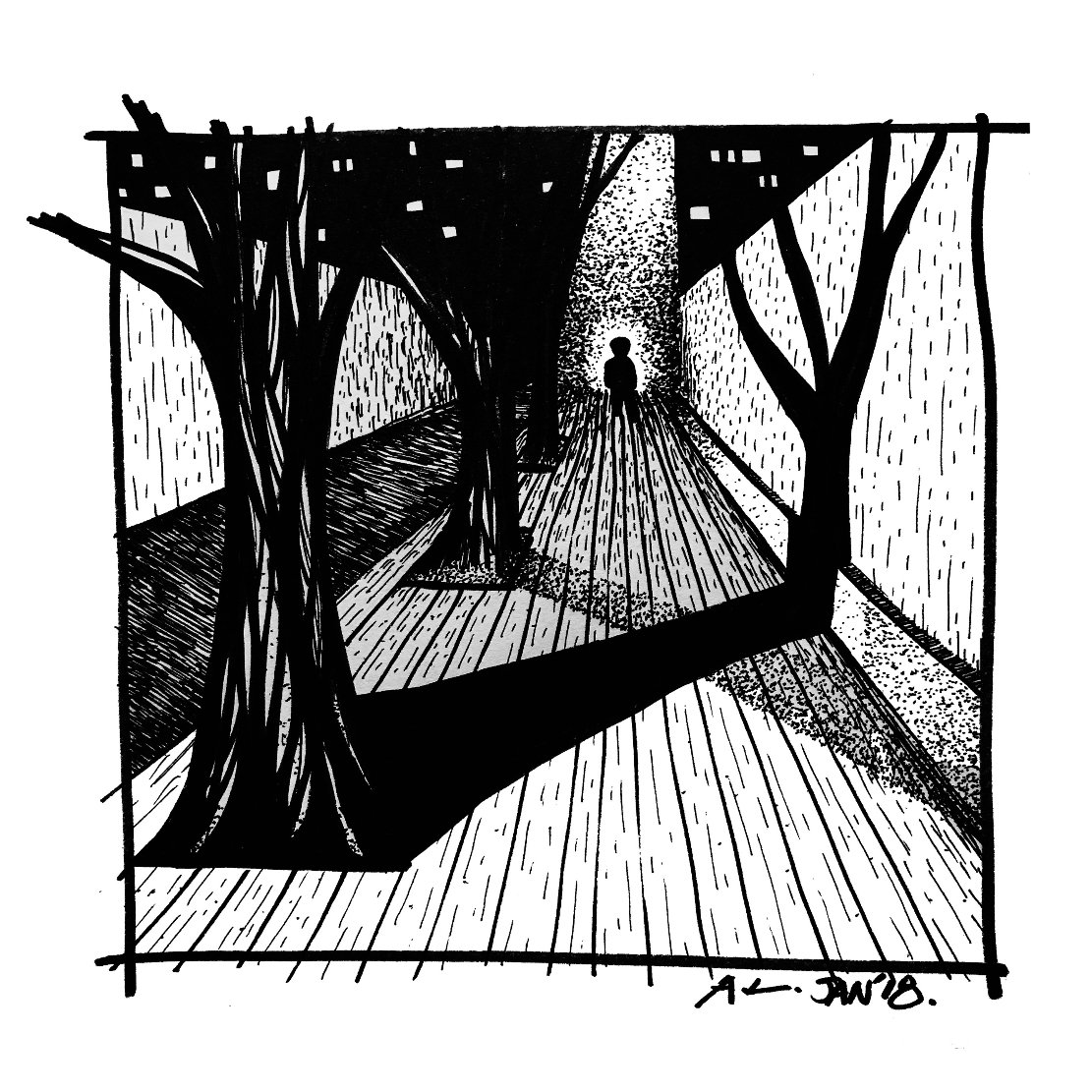 黑白手繪插畫，描繪樹木與道路構成的戶外場景，線條表現出延伸的空間深度