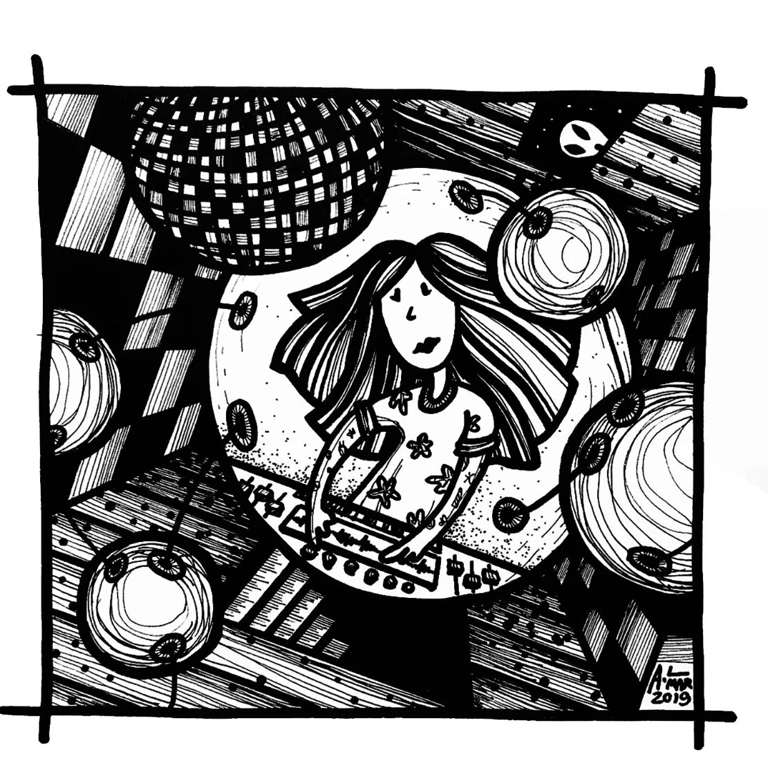 黑白手繪插畫，中央人物操作唱盤與混音設備，周圍環繞圓形器材與圖案，呈現音樂播放與 DJ 操作的視覺場景