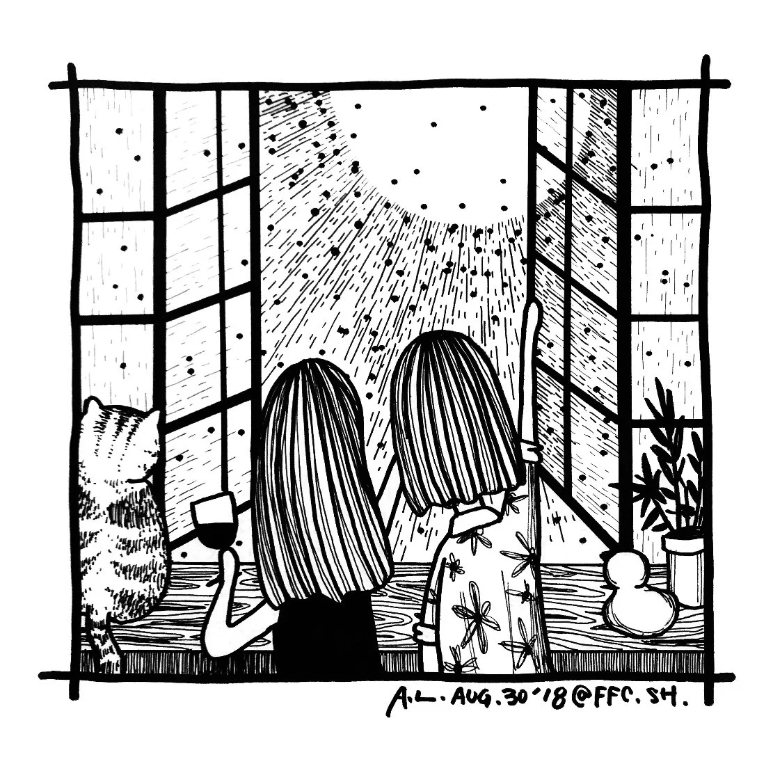 黑白手繪插畫，畫面從室內向窗外觀看，窗框前方出現人物與動物形象，外側為密集線條構成的空間