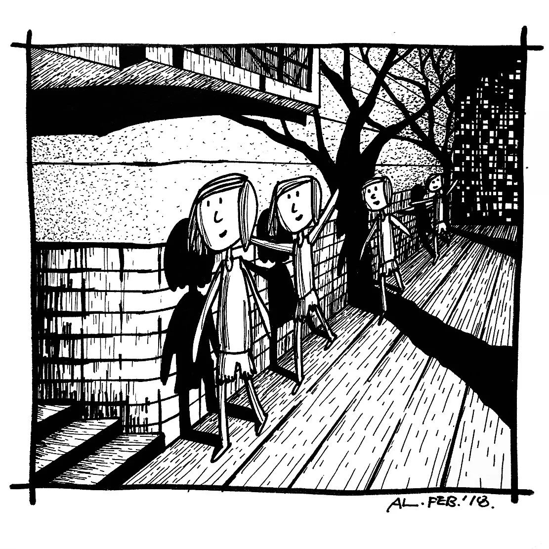 白手繪插畫，畫面中兩名人物行走於街道空間，背景建築與道路以細密線條描繪