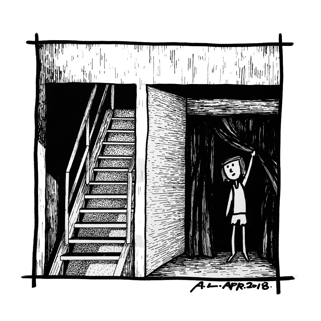 黑白手繪插畫，描繪樓梯與牆面構成的室內空間，人物站在角落位置，周圍以陰影線條包圍