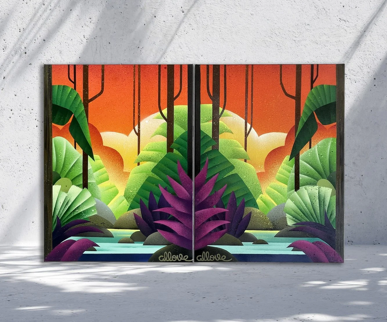 完整作品畫面，呈現層疊植物、水面與橘色天空構成的對稱式構圖