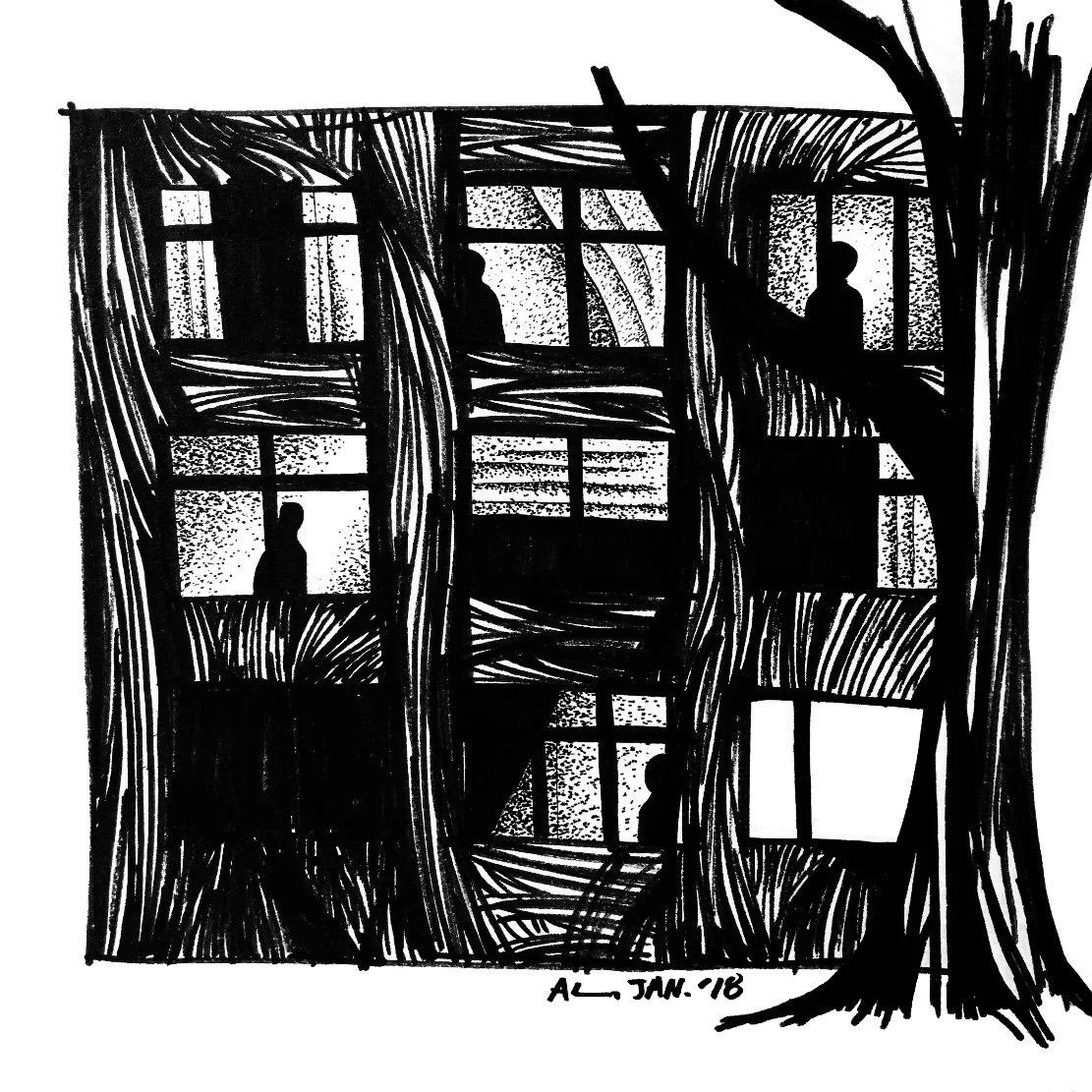 黑白手繪插畫，描繪建築外觀與樹木剪影，窗戶與結構以粗細不一的線條交錯呈