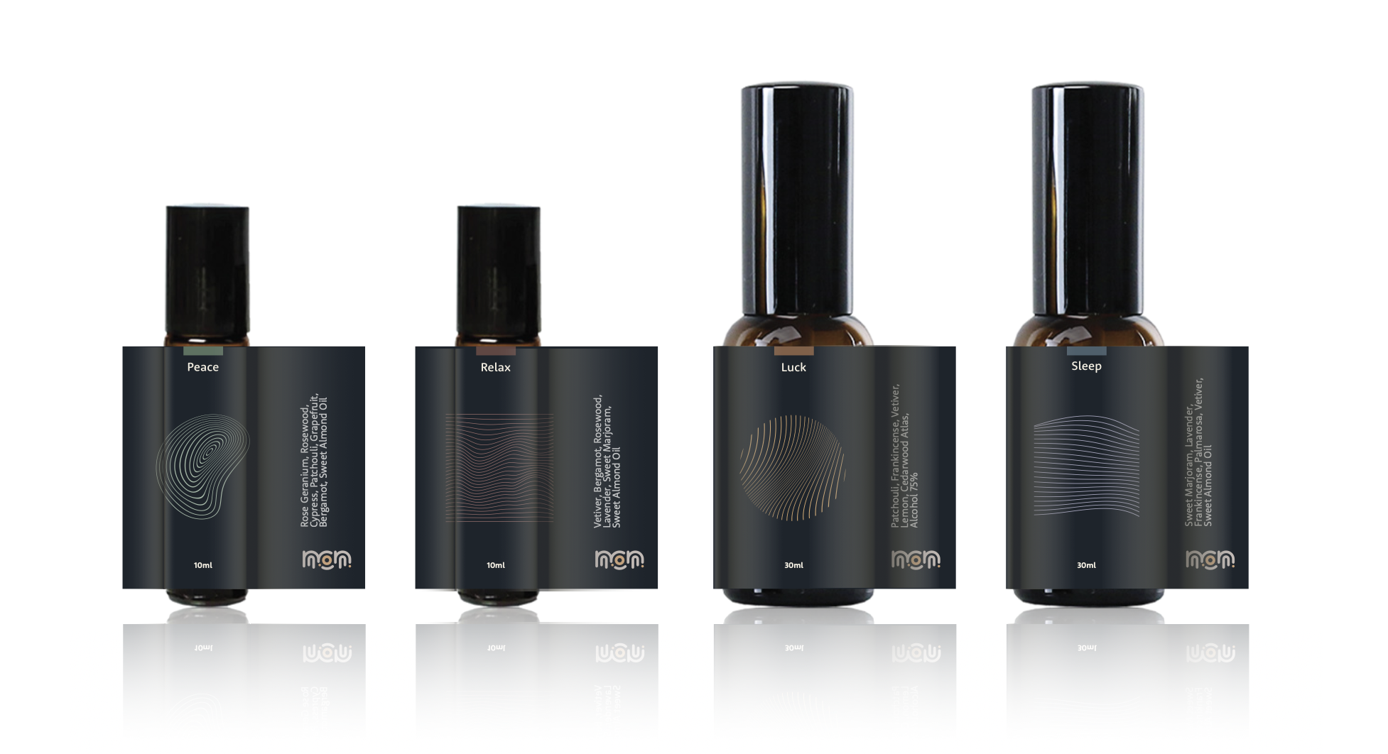 non 個人香氛精油瓶身實拍展示不同容量與標籤視覺設計