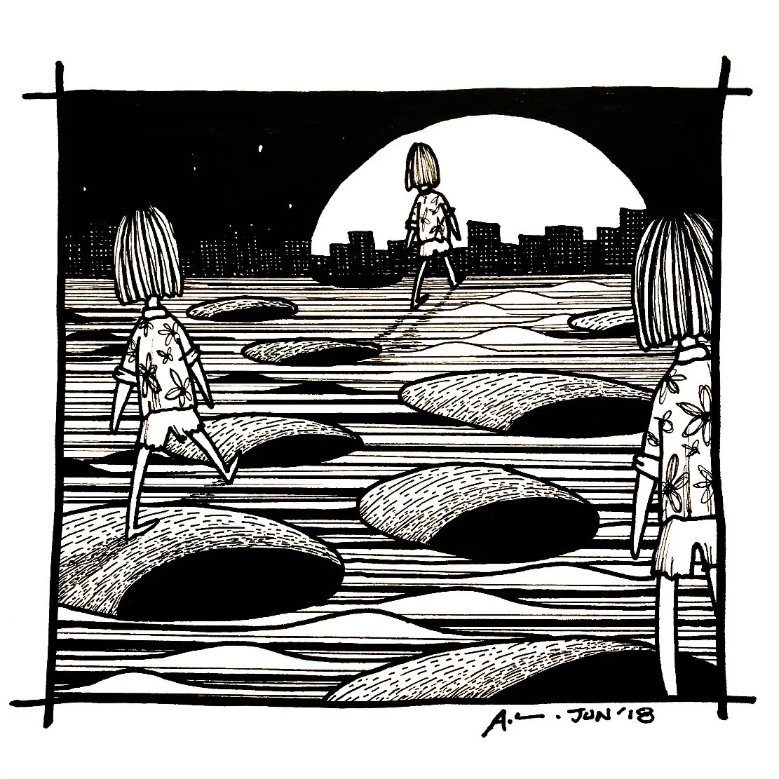 黑白手繪插畫，多名人物站立於起伏地形中，遠方出現圓形光源，整體以水平線條構成