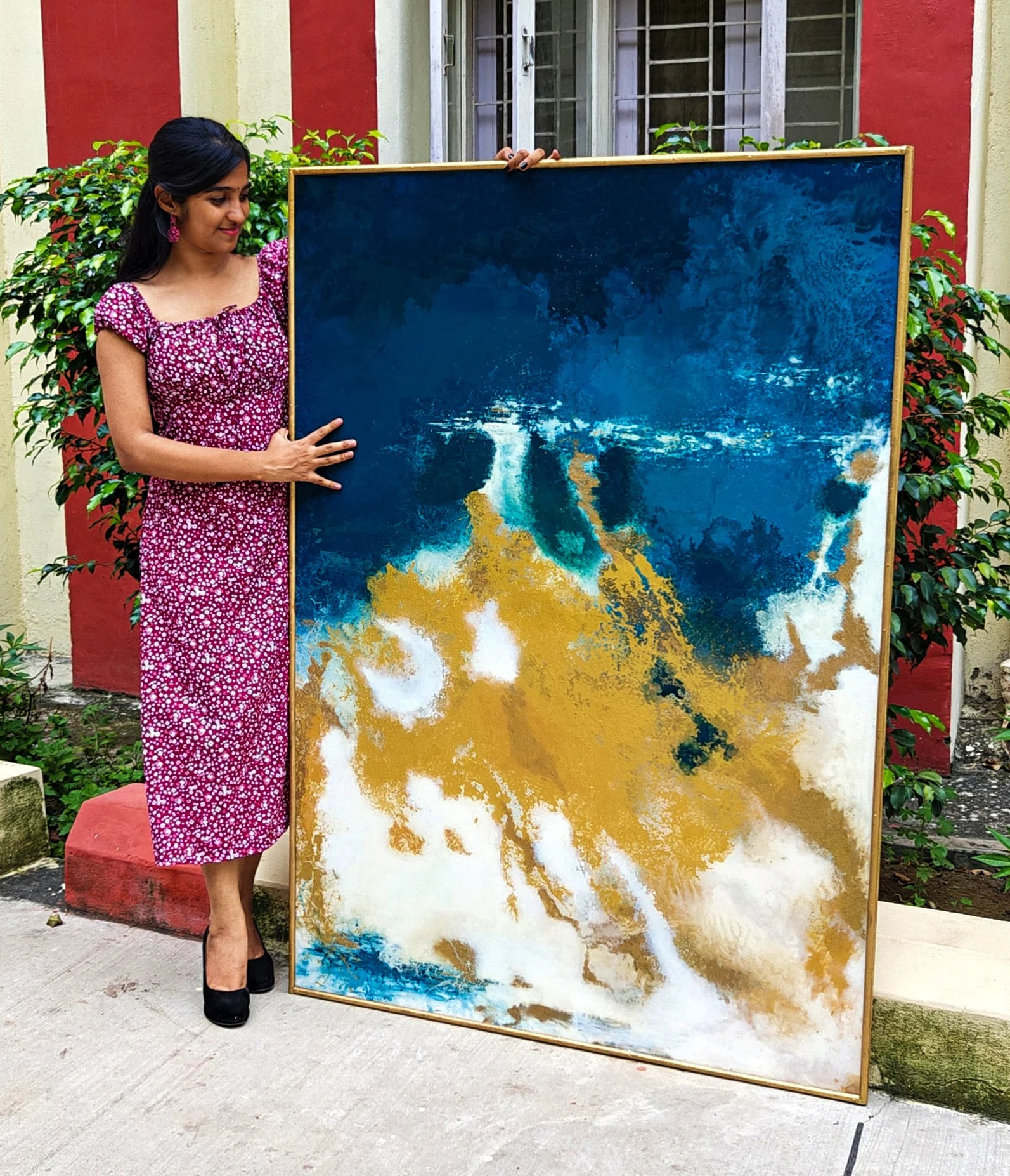 Coastal Bliss
Medium: Acrylic pour and resin on mdf
Size: 5feet 4 inches ×3 feet 11 inches, 2024

Description: This painting is a blend of resin and acrylic pour, inspired by the beauty of the seacoast and the movement of ocean waves. It is one of my