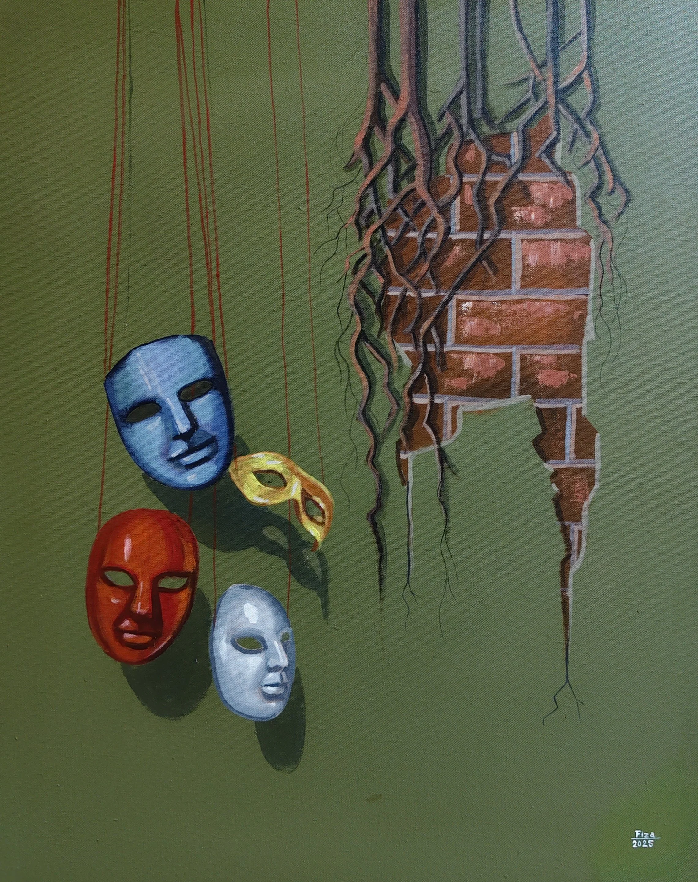 The threater of society
Size: 2×2.5feet(24 inches × 30 inches)
Medium: Acrylic on canvas 
Year: 2025

Description: I made this painting based on my observations of society and how people’s behavior has changed over time. I have noticed that many indi