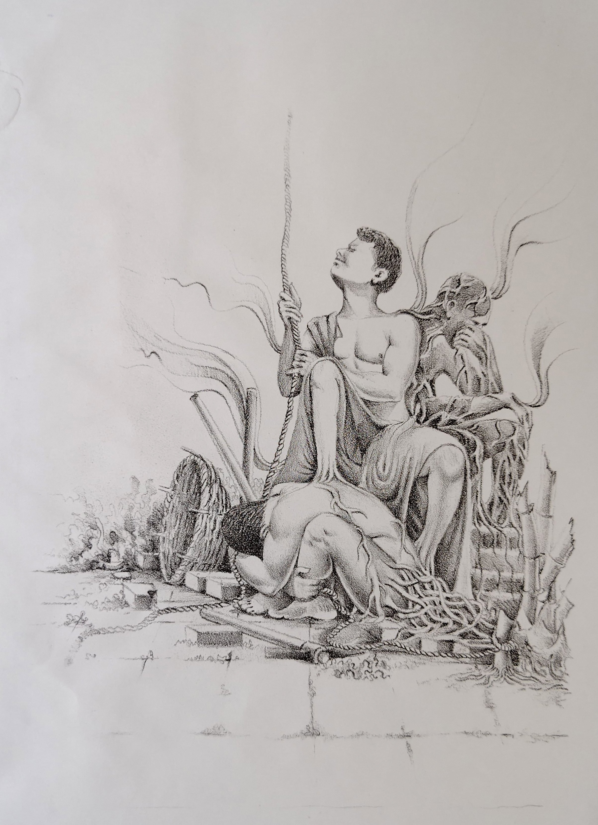  With her(2025) |
Medium: Lithography |
Size: 11.7inches × 16.5inches |

Description: This lithographic print expresses a deep spiritual connection between a couple. One sacrifices their own life so the other can continue. The work reflects themes of