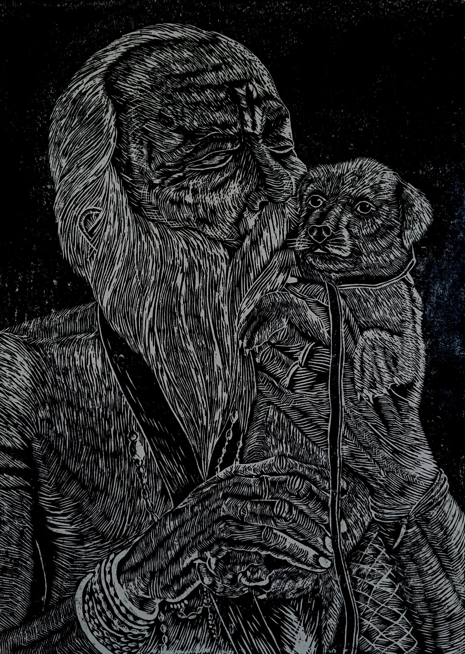 Medium: woodcut
Size: 12inches × 16 inches
Year: 2024

Description: In this woodcut, I depict an elderly man sharing a quiet moment of affection with a small puppy. I created this work after observing a real-life scene in which an old man showed deep