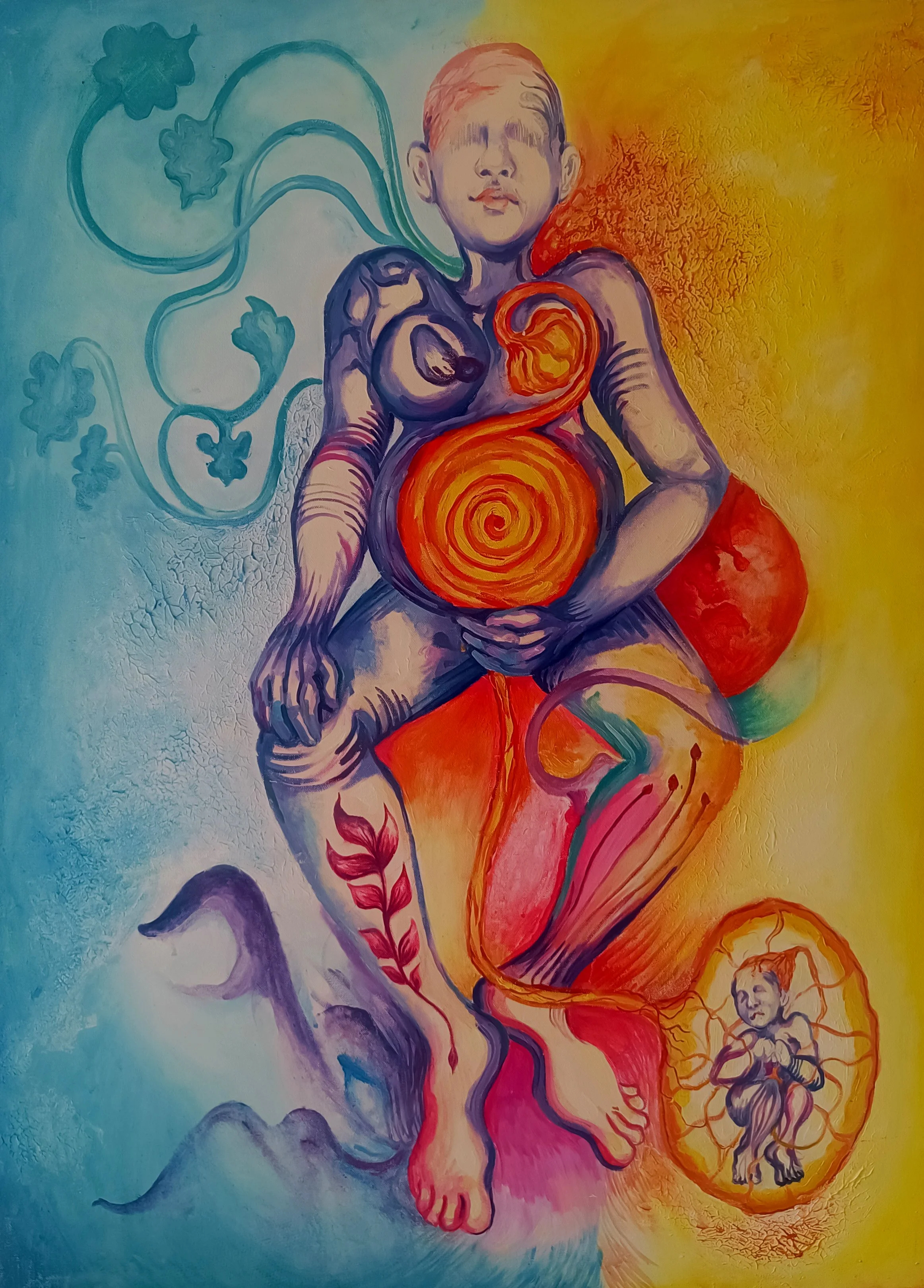  Womb to world (2025) | Medium: Acrylic and oil on canvas | Size: 3×4 feet(36 inches ×48 inches)