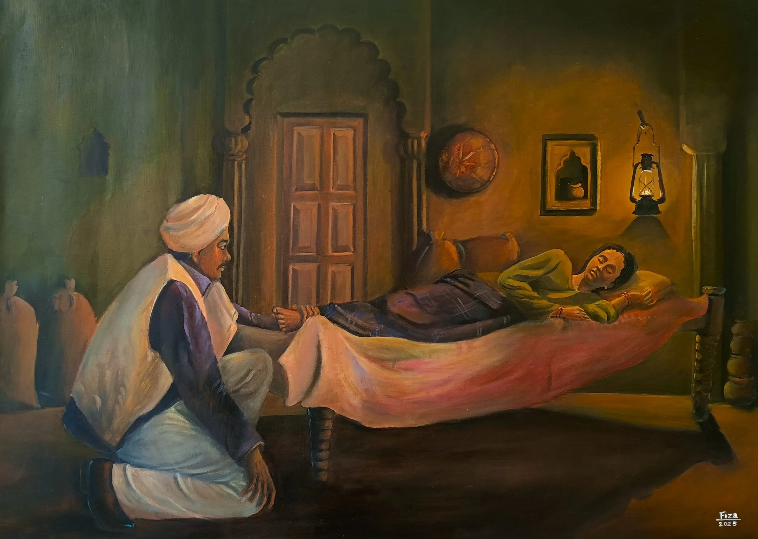 8. In his care (2025) |
Medium: Oil on canvas sheet |
Size: A1 (20inches × 30 inches) |

Description: In this painting, I have shown a woman sleeping peacefully in a simple, middle-class home. She looks relaxed and safe. Near her feet, her husband is