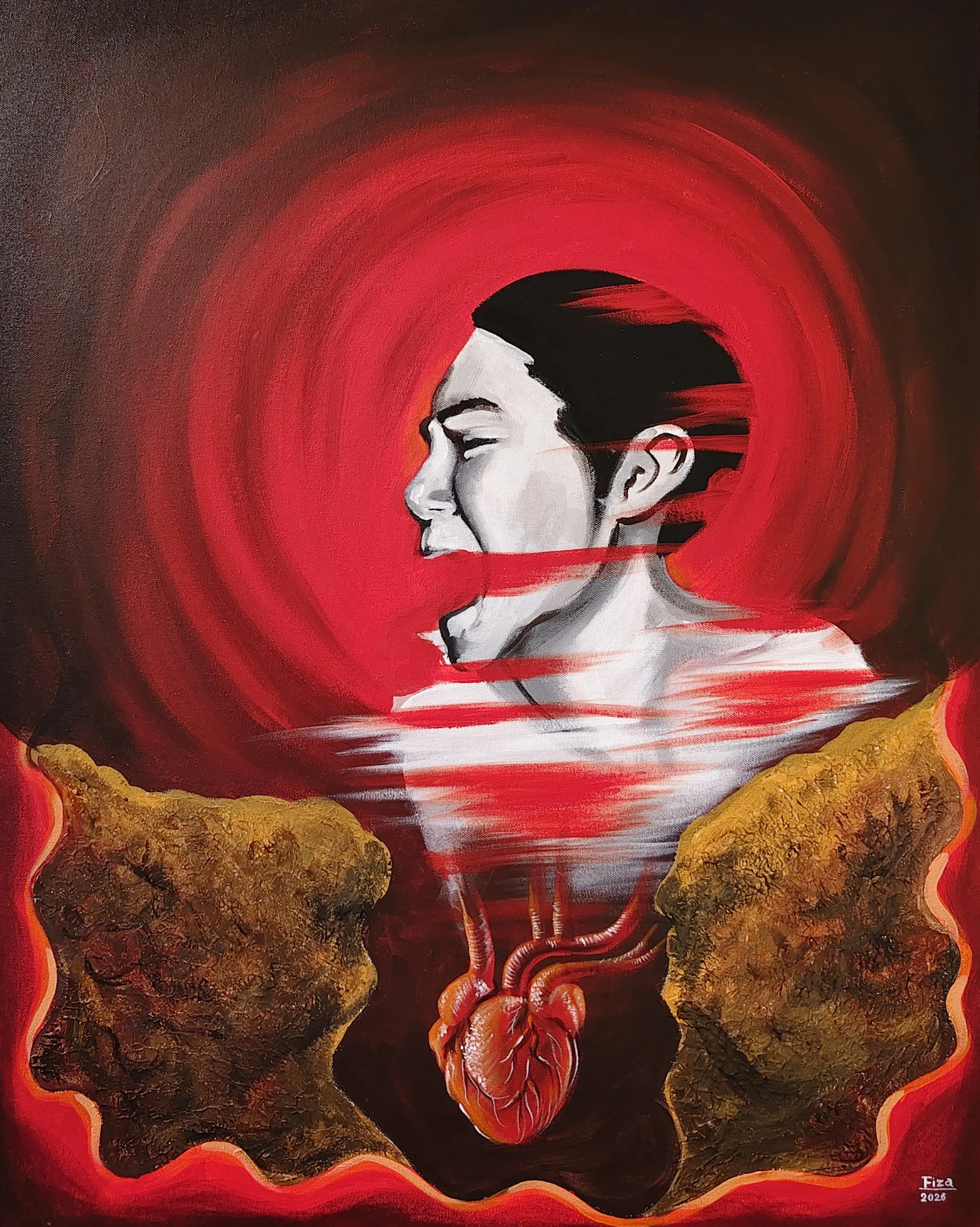 Unspoken
Size: 2×2.5feet(24 inches × 30 inches)
Medium: Acrylic on canvas 
Year: 2026

Description: This painting reflects the experience of buried desire and silenced emotion. It comes from moments when feelings are pushed down instead of being expr