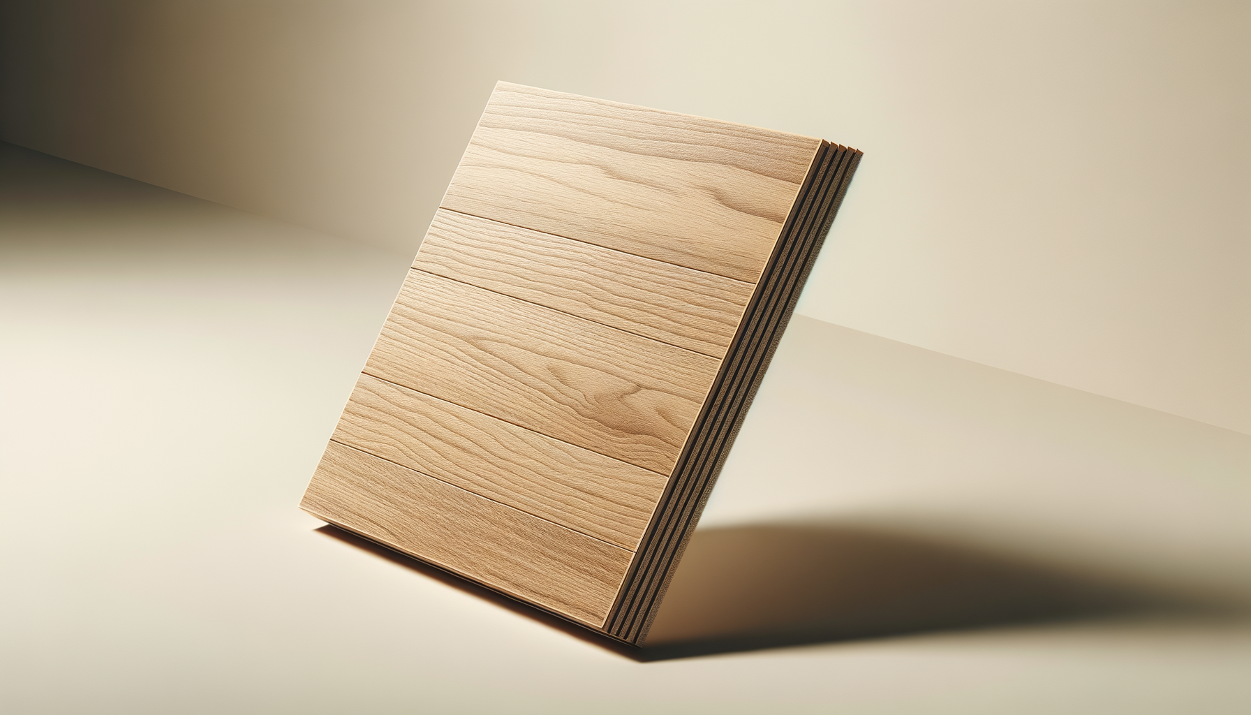 Stack of wooden planks leaning against a plain light-colored wall with shadows on the surface.