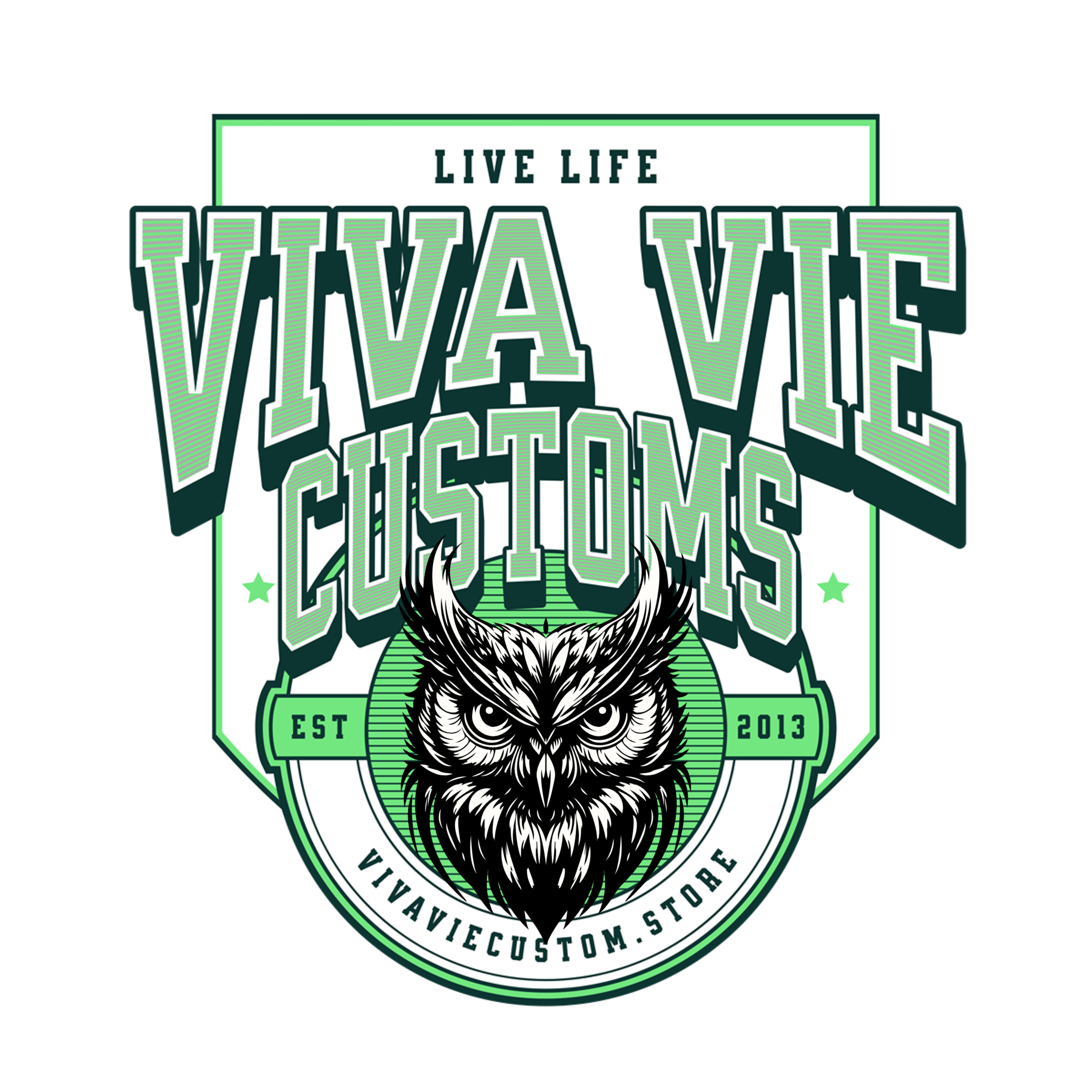 Logo for Viva Vie Customs featuring an owl with big eyes, with green, white, and black colors, and the text 'Live Life Viva Vie Customs' with 'Est 2013' and a website URL.