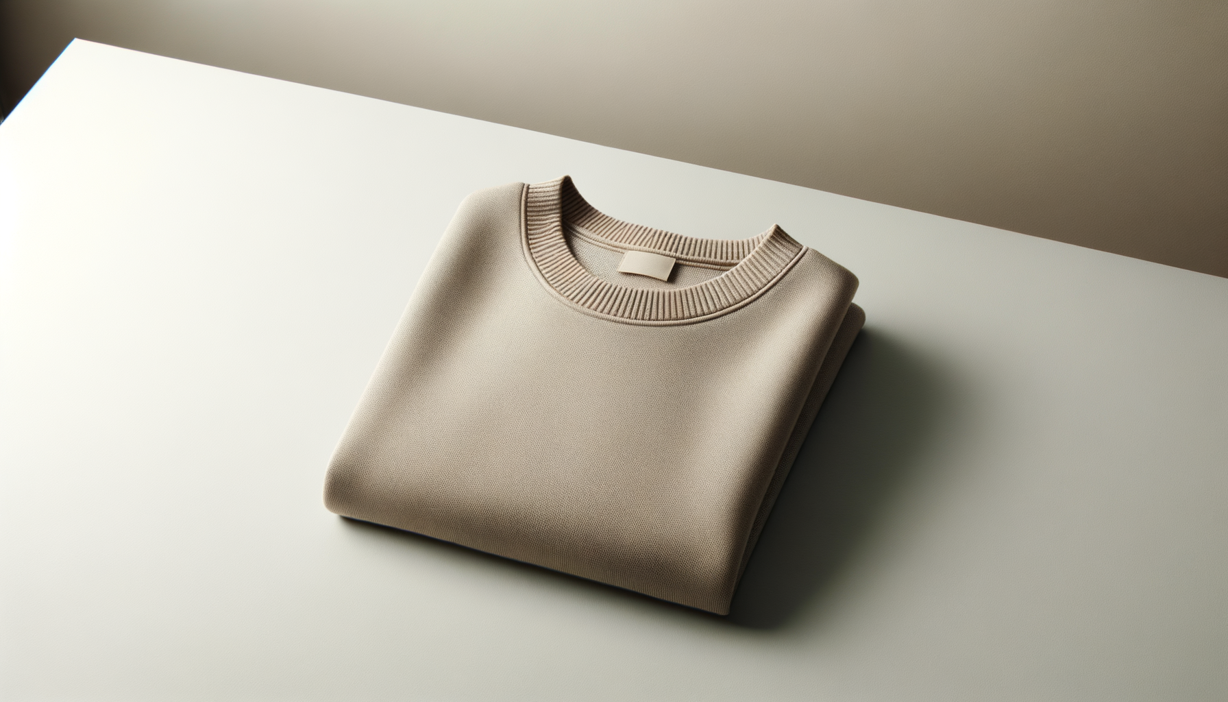 A folded beige sweater with a round collar on a white surface.