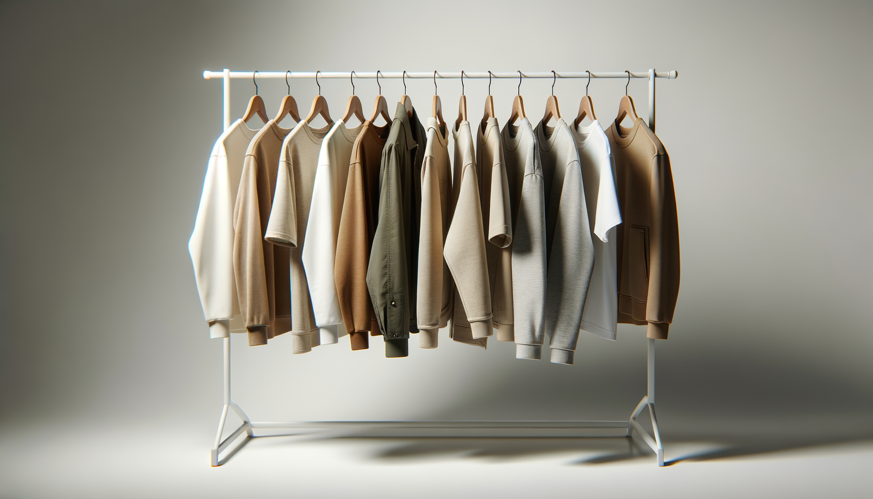 A clothing rack with various beige, brown, and white sweatshirts and jackets on wooden hangers.