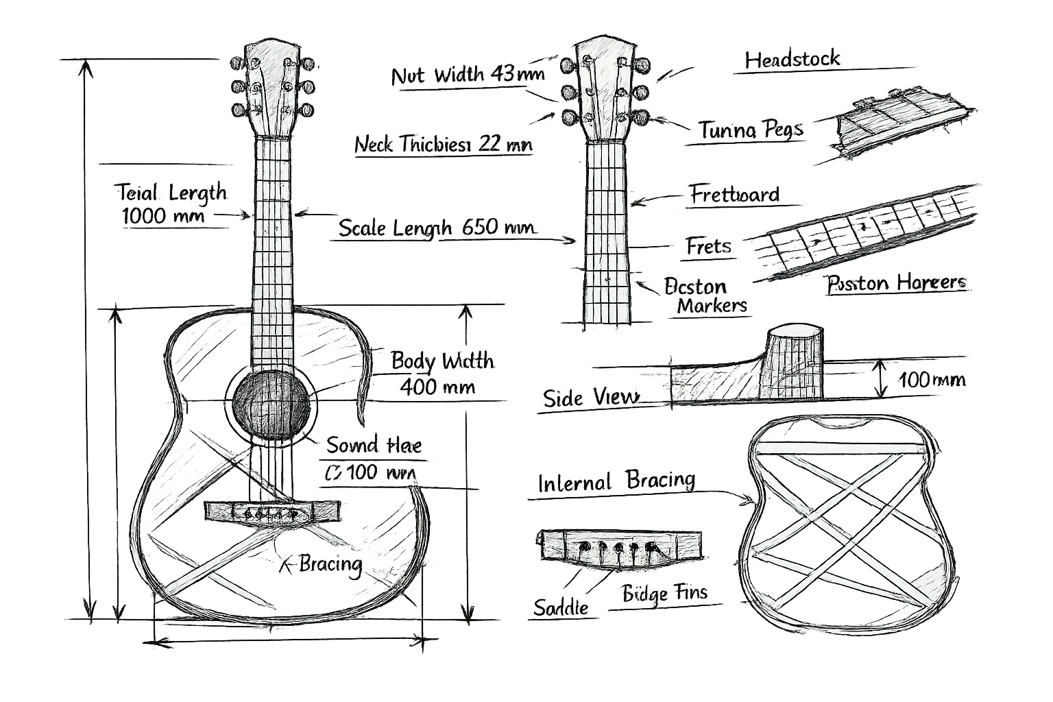Disegno tecnico di una chitarra acustica con dettagli come corpo, manico, tasti e ponticelli, con annotazioni sulle misure e i componenti principali, accompagnato da sezioni trasversali e dettagli delle parti interne e esterne.