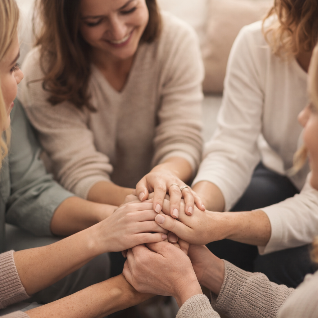 Group of women and girls putting their hands together in a show of unity and teamwork.