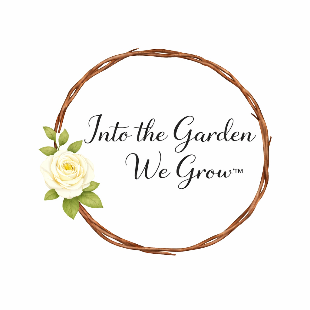 A circular wreath made of brown twigs with a white rose and green leaves on the left side, and the text "Into the Garden We Grow™" in the center in elegant black script font.