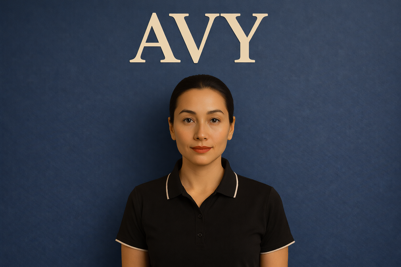 A woman with dark hair and wearing a black polo shirt with white trim, standing in front of a dark blue textured background with the word 'AVY' in large white letters above her.