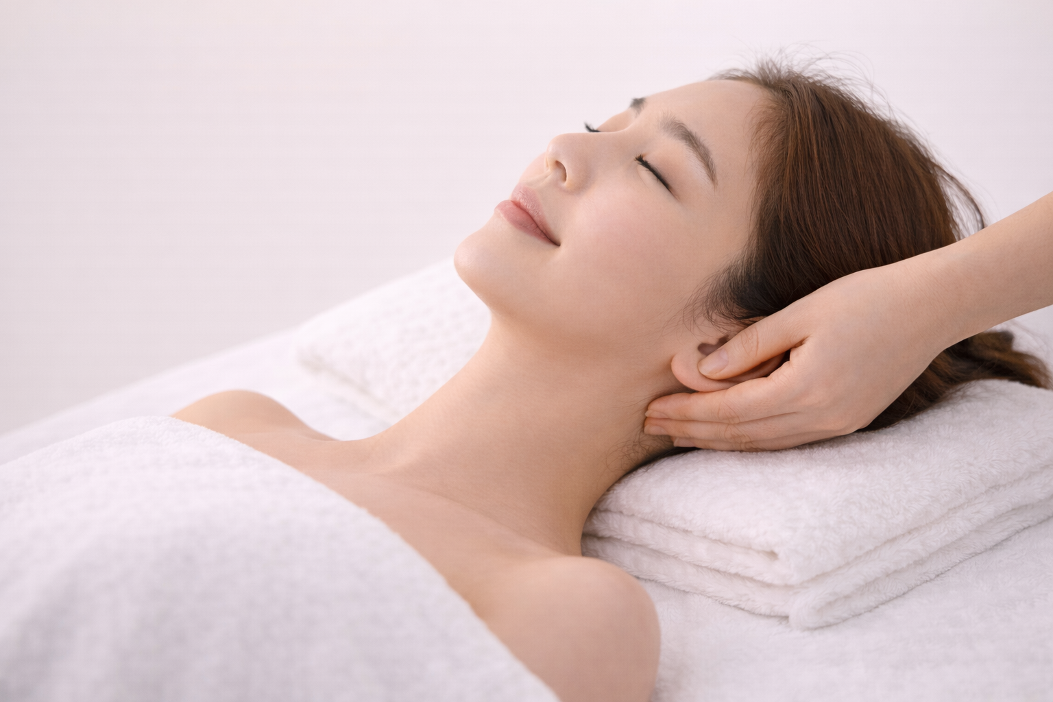 A woman receiving a professional neck lymphatic drainage massage to relieve tension and support circulation.