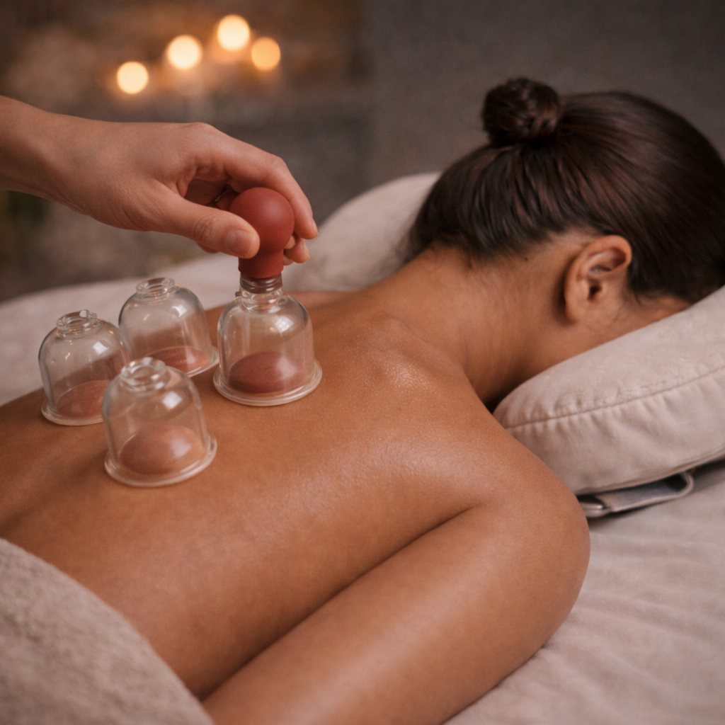 Cupping therapy for back tension relief at Avy Spa in Palo Alto, California.