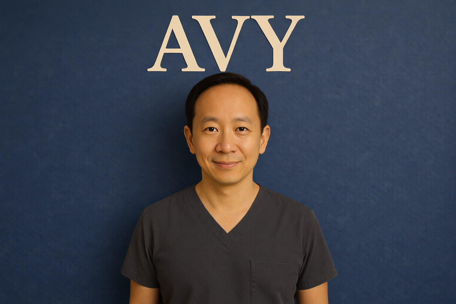A man with short black hair smiling, wearing dark scrubs, standing in front of a blue wall with the word 'AVY' in large white letters.