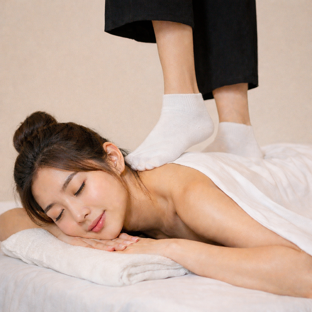 Back walking massage therapy at Avy Spa in Palo Alto, providing deep pressure relief for shoulder and neck tension.