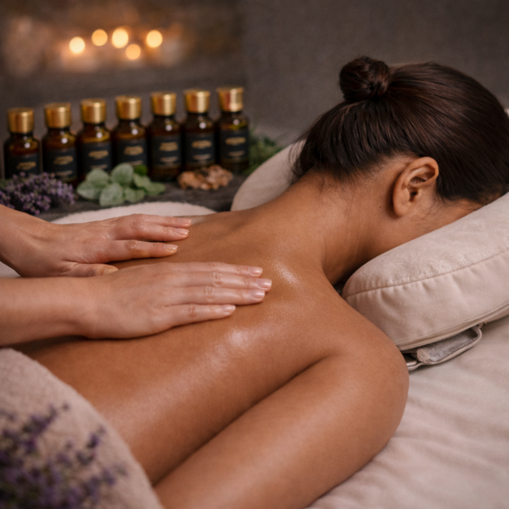 Aromatherapy massage using essential oils to promote deep relaxation in a professional spa setting.