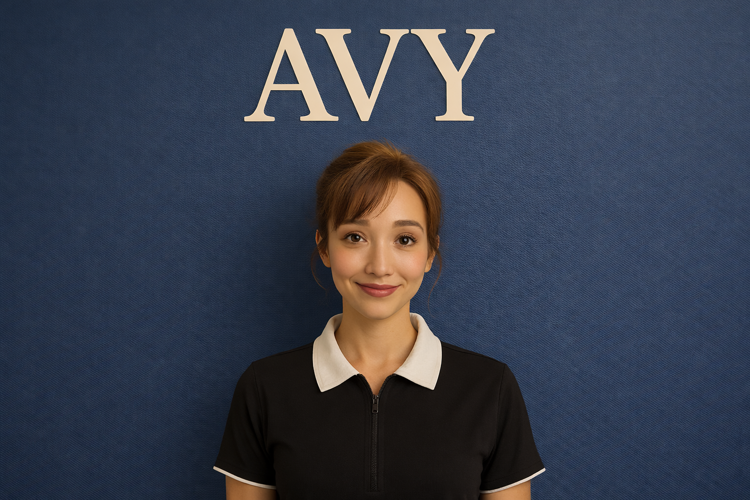 A young woman with brown hair and a smile, standing in front of a blue wall with the letters 'AVY' on it.