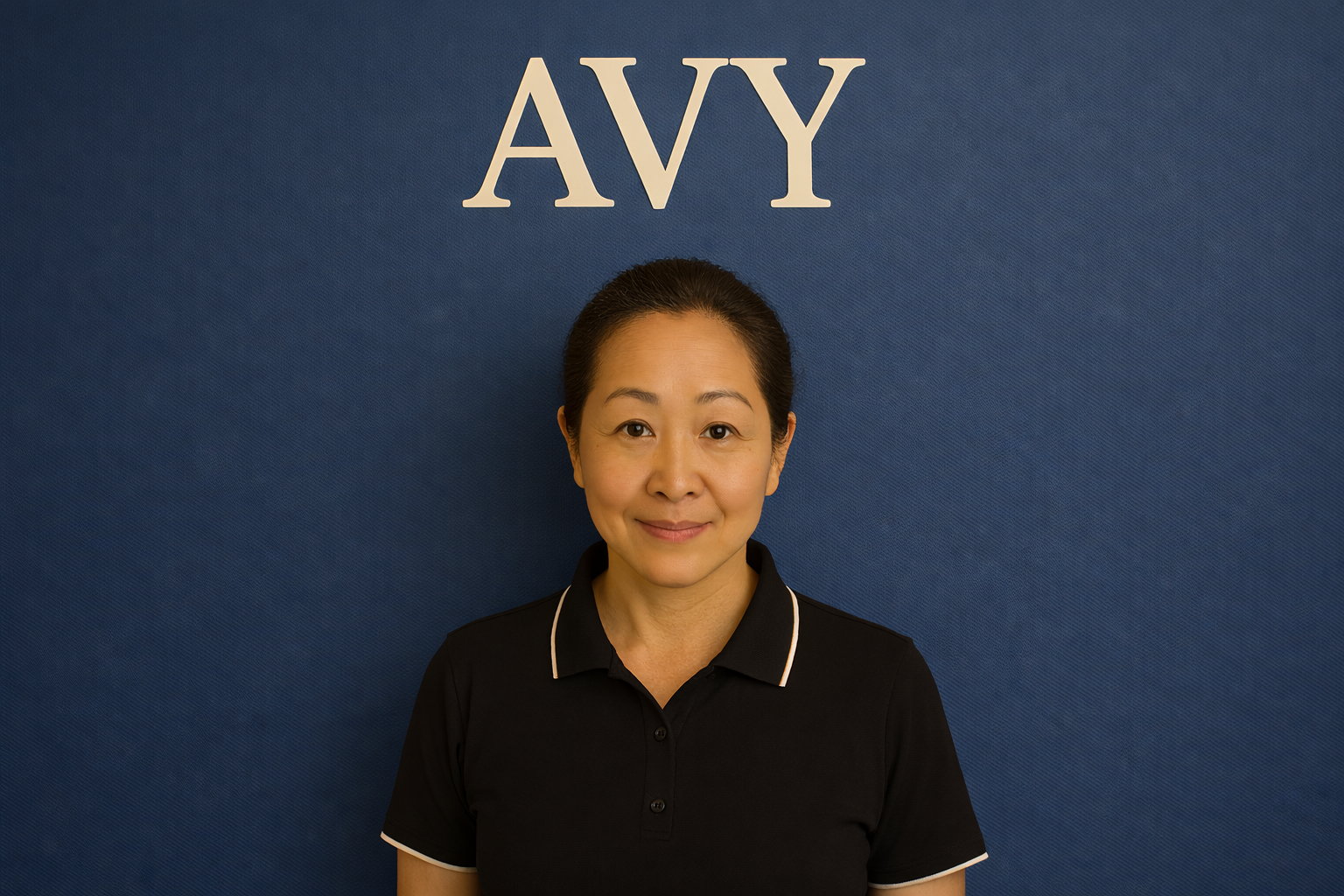 A woman with dark hair wearing a black polo shirt with white trim standing in front of a blue wall with white letters spelling 'AVY' above her head.