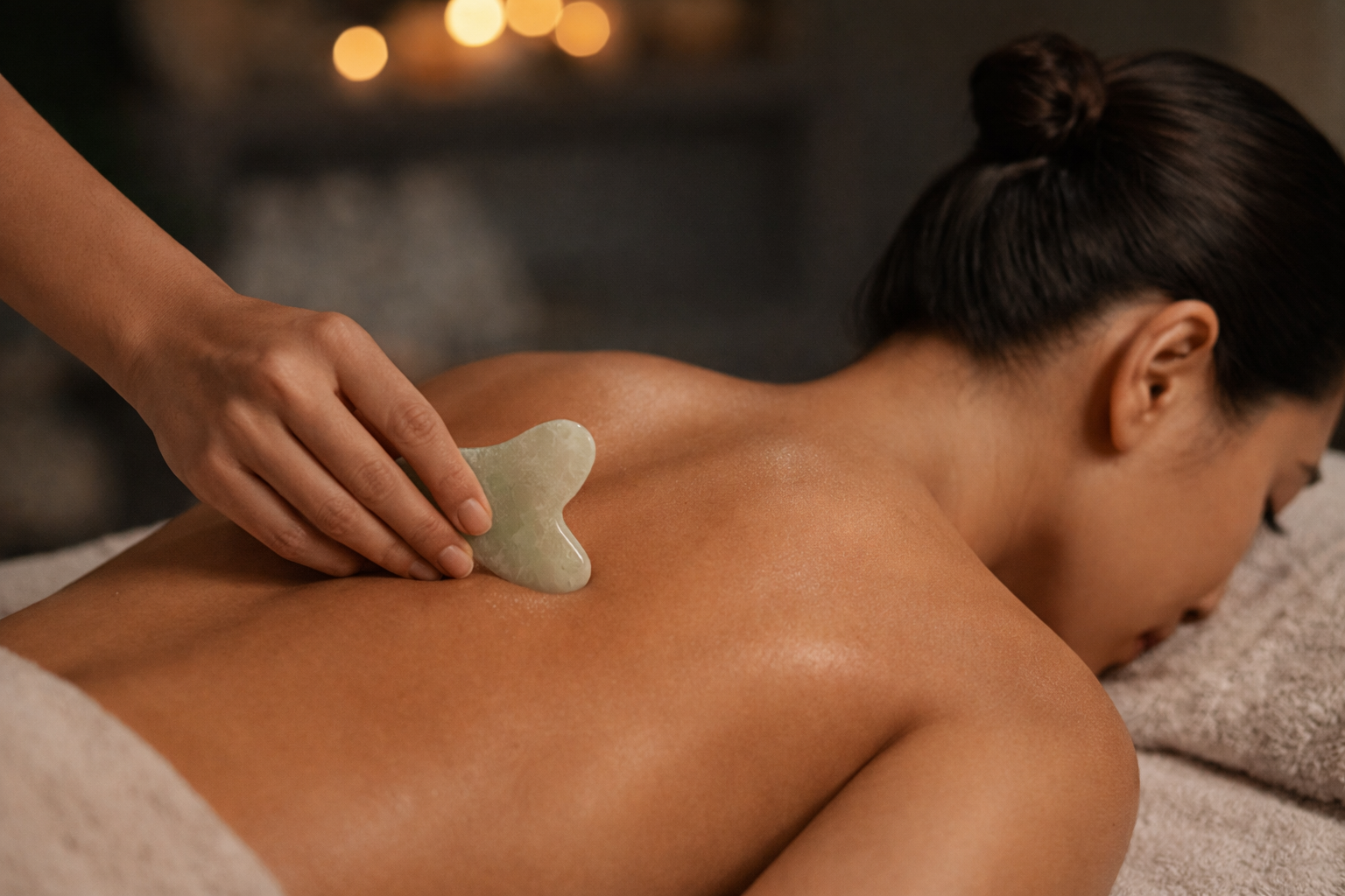 Gua Sha therapy for stress-related headaches, focusing on the neck and upper back at Avy Spa