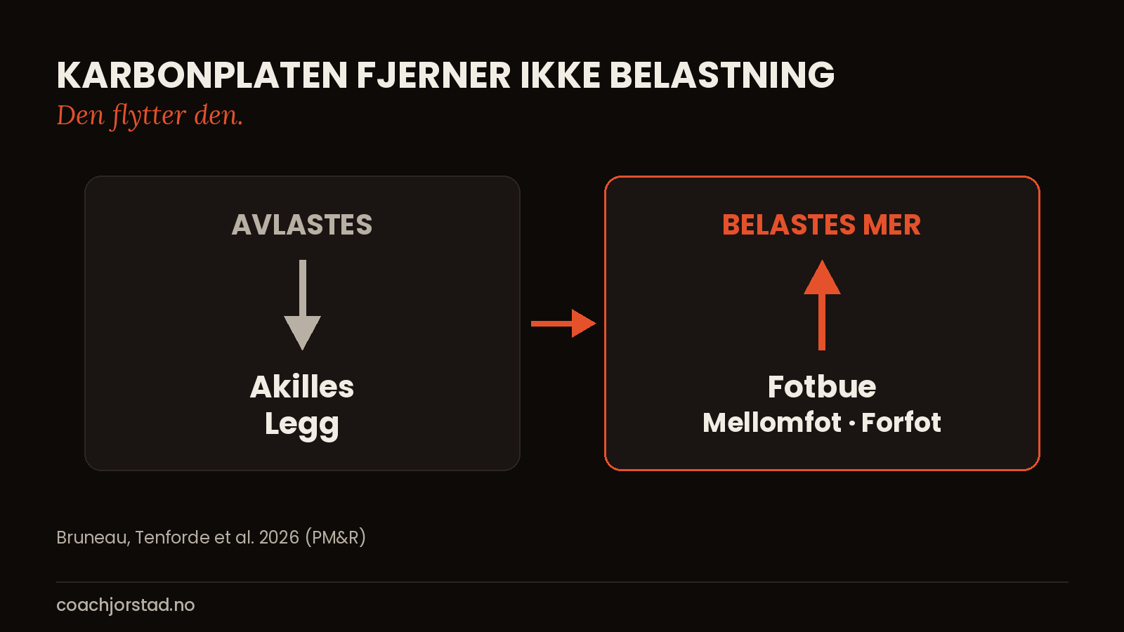 Illustrasjon av hvordan karbonplate i løpesko avlaster akilles men øker belastning på fotbue og mellomfot
