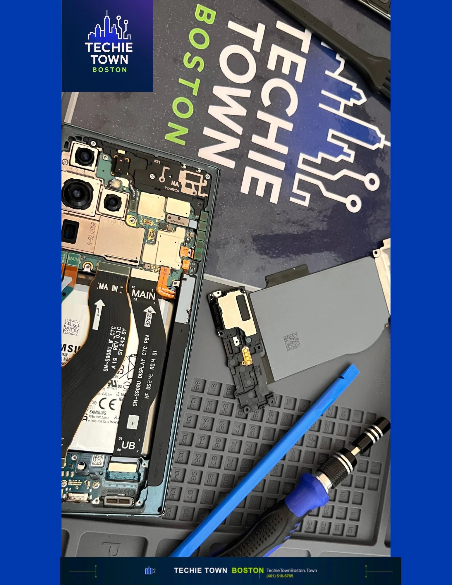 Apple-certified technician performing iPhone screen replacement and touch testing in Boston MA electronics repair shop.