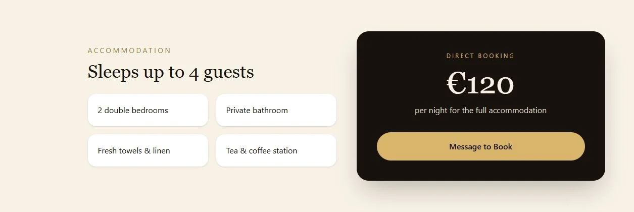 Hotel booking page showing accommodation for up to 4 guests, with details including 2 double bedrooms, private bathroom, fresh towels and linen, and tea and coffee station, and a price of €120 per night with a message-to-book button.