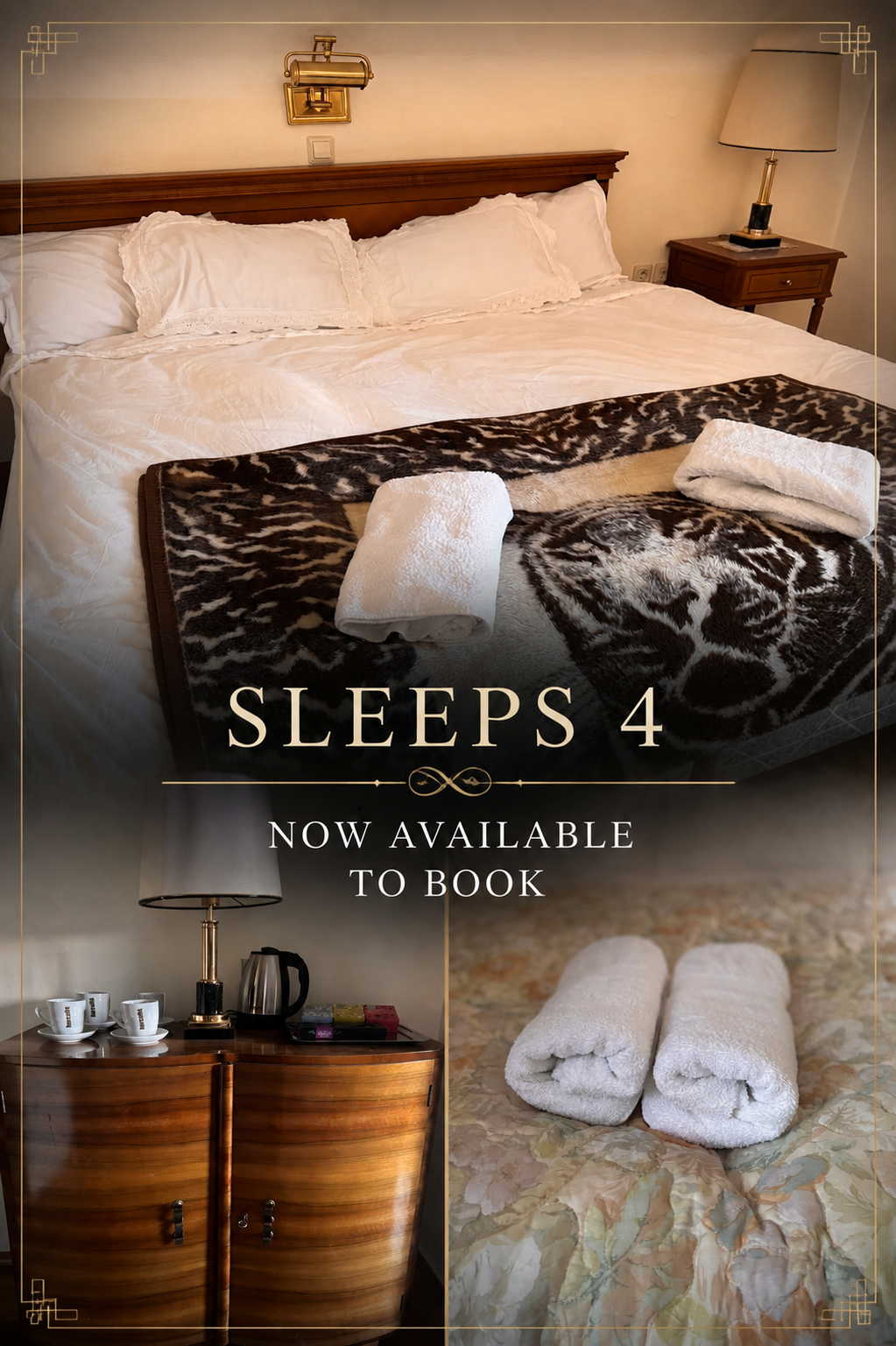 A promotional image advertising a hotel room for 4 guests, featuring a neatly made bed with white linens, a nightstand with a lamp, a dresser with tea cups, a kettle, and snacks, and two rolled white towels on a bedspread.