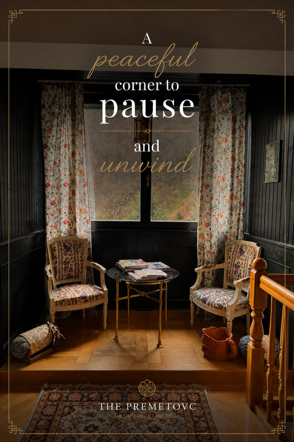 A cozy sitting corner with two upholstered armchairs featuring floral patterns, a small black marble-topped table with magazines, a large window with floral curtains, dark paneled walls, and a wooden staircase railing.