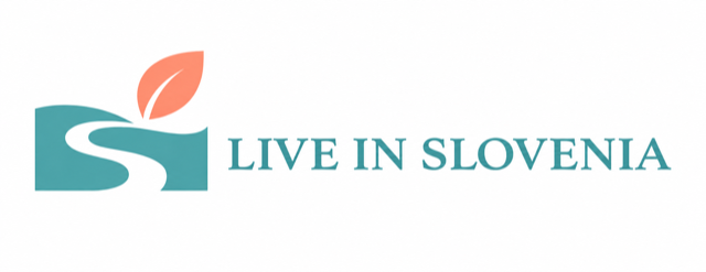 Logo with stylized river and leaf, and the text 'LIVE IN SLOVENIA'