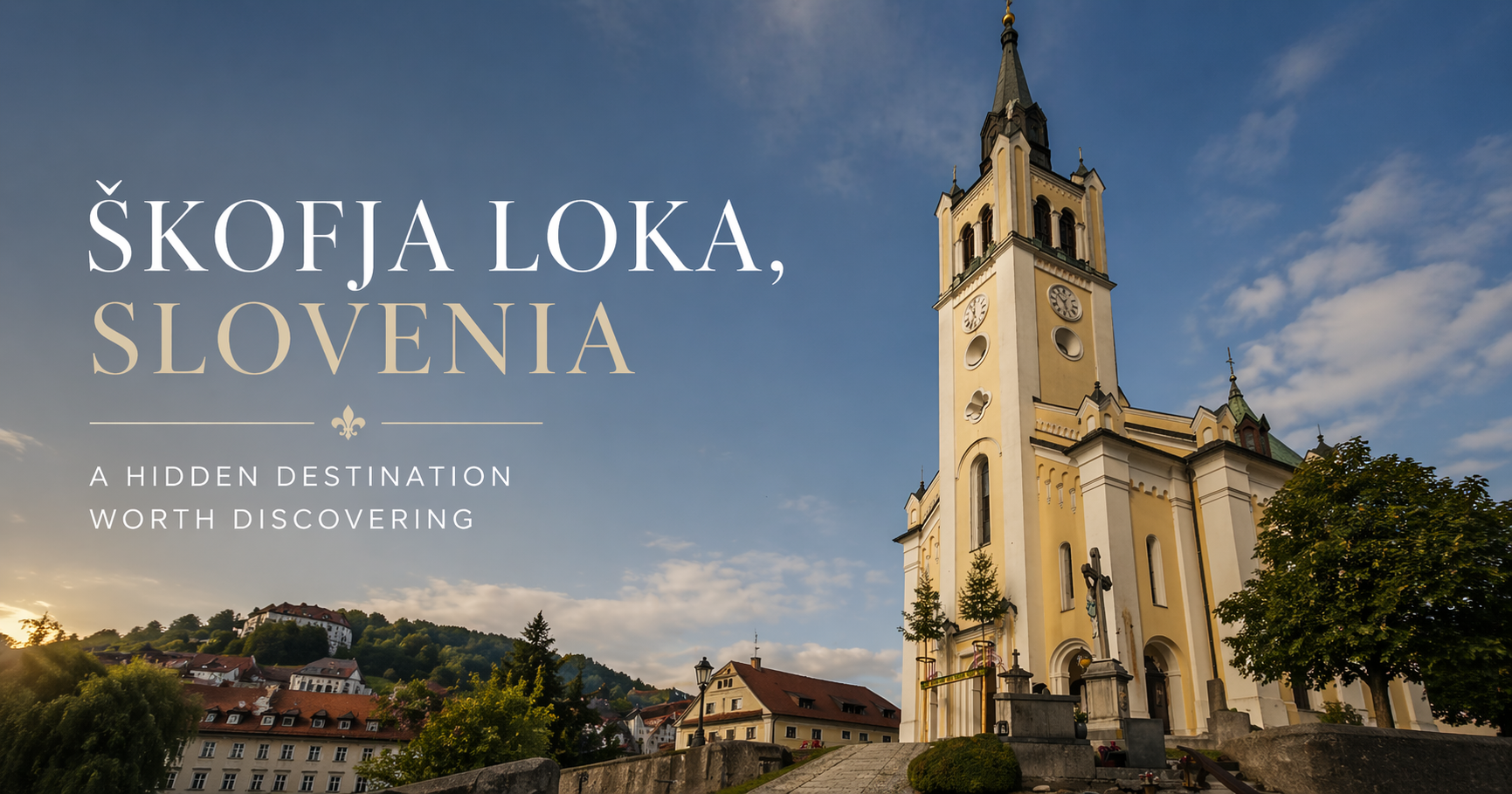 A scenic view of a church with a tall steeple and a clock, set against a partly cloudy sky, in Ljubljana, Slovenia, with a caption about discovering this hidden destination.
