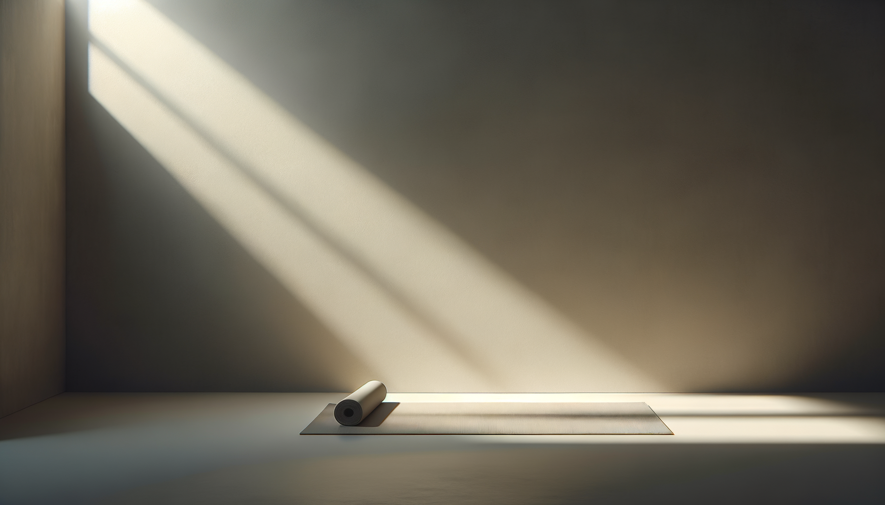 Empty yoga mat with rolled-up towel on a neutral-colored floor, sunlight streaming in through a window, casting shadows on the wall.