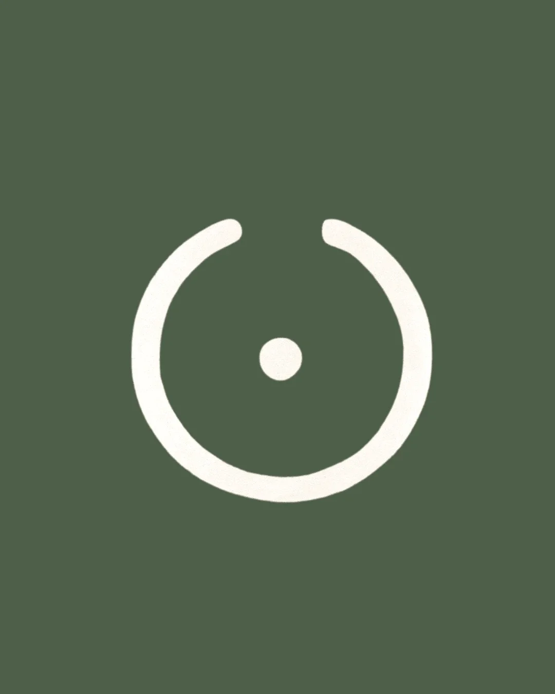 White circular icon with a dot in the center and two curved lines on the outer edge, set against an olive green background.